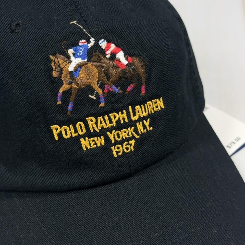PRL NY 1967 Double Pony Black Hat Leather Strap Cap Polo Ralph Lauren